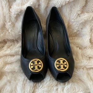 Tory Burch Black Logo Selma Peep Toe Wedges